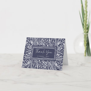 Navy Blue Garden Floral Art Border Name Wedding Thank You Card