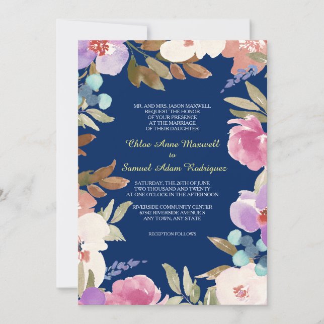 Navy Blue Garden Floral Wedding Invitation (Front)
