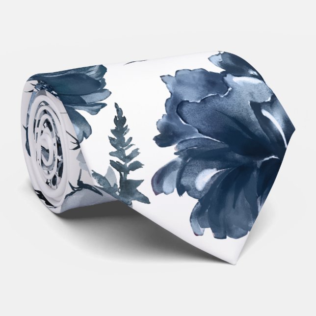 Navy Blue Garden Florals Wedding Tie (Rolled)