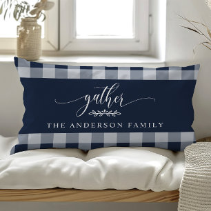 Navy Blue Gather Buffalo Plaid Family Name Lumbar Cushion