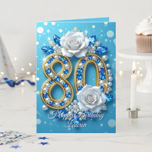 Navy Blue Gems & Gold Pearl 80th Birthday Greeting Card