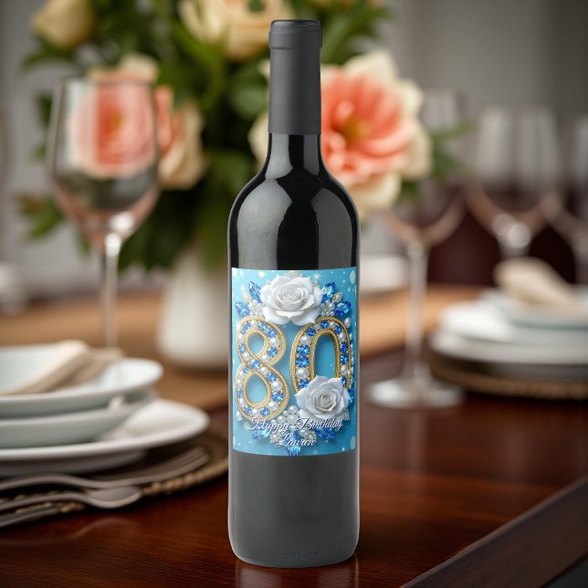 Navy Blue Gems Pearls & White Roses 80th Birthday  Wine Label (Creator Uploaded)