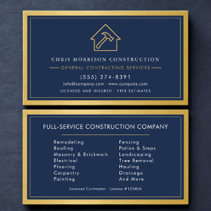 Navy Blue General Contractor Gold Metallic Business Card
