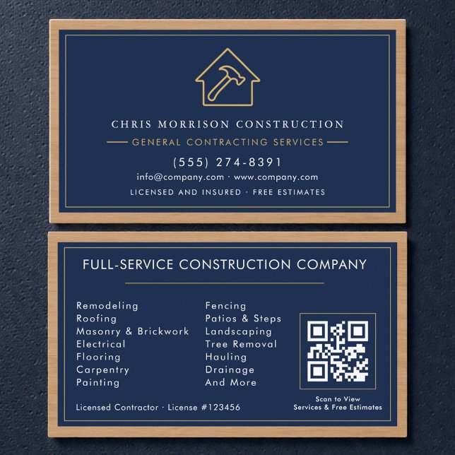 Navy Blue General Contractor QR Code Wood  Business Card (Creator Uploaded)