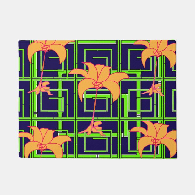 Navy Blue Geo Floral  Doormat (Front)