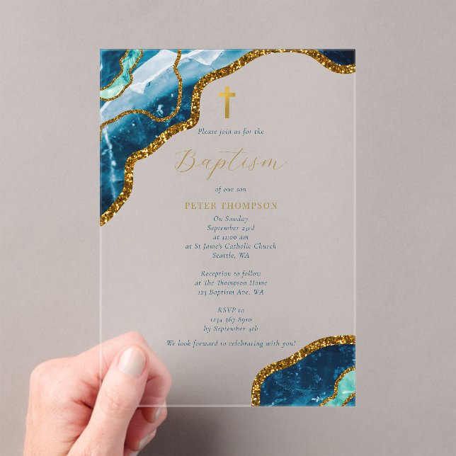 Navy Blue Geode Agate Gold Cross Baptism Acrylic Invitations (Insitu (Handheld))