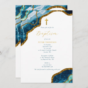Navy Blue Geode Agate Gold Cross Baptism Invitation