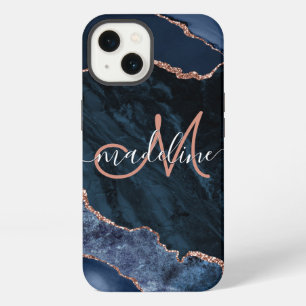 Navy Blue Geode Agate Rose Glitter Monogrammed iPhone 13 Case