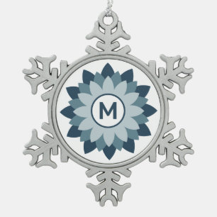 Navy Blue Geometric Floral Medallion Abstract Snowflake Pewter Christmas Ornament