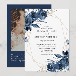 Navy Blue Geometric Floral QR Code & Photo Wedding Invitation