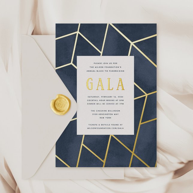 Navy Blue Geometric Gala Gold Foil Invitation (Navy blue watercolor and gold foil Geometric Gala Invitation)
