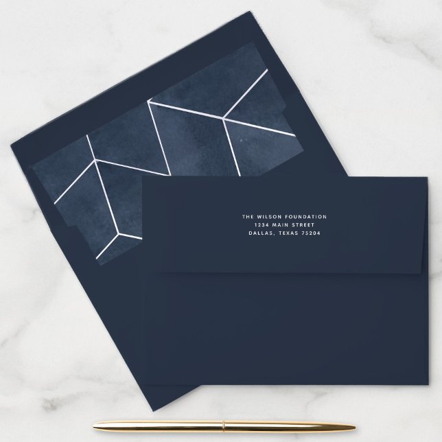 Navy Blue Geometric Gala Return Address Envelope (Navy blue return address envelope with watercolor geometric liner.)
