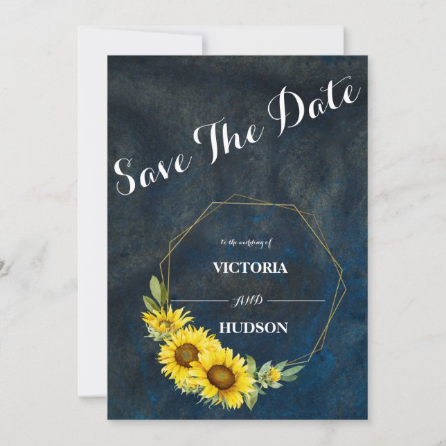 Navy Blue & Geometric Gold Sunflowers Save The Date (Front)