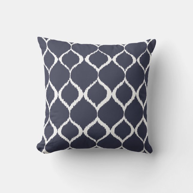 Navy Blue Geometric Ikat Tribal Print Pattern Cushion (Front)