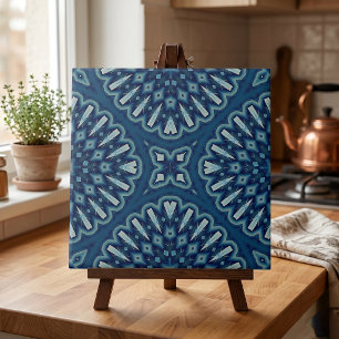 Navy Blue Geometric Kaleidoscope Mosaic Pattern Tile