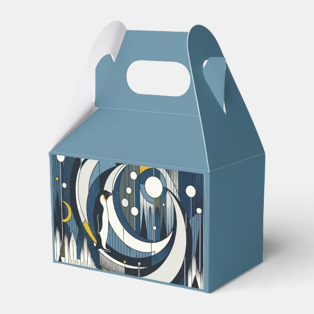 Navy Blue Geometric Night With Moon and Penguin Favour Box (Front Side)