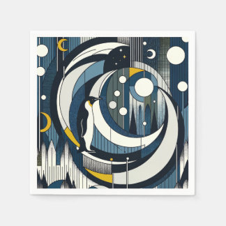Navy Blue Geometric Night With Moon and Penguin Napkin