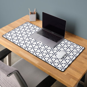 Navy Blue Geometric Pattern on White Desk Mat