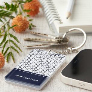 Navy Blue Geometric Pattern on White Key Ring