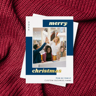 Navy Blue Geometric Team Photo Foil Holiday Card