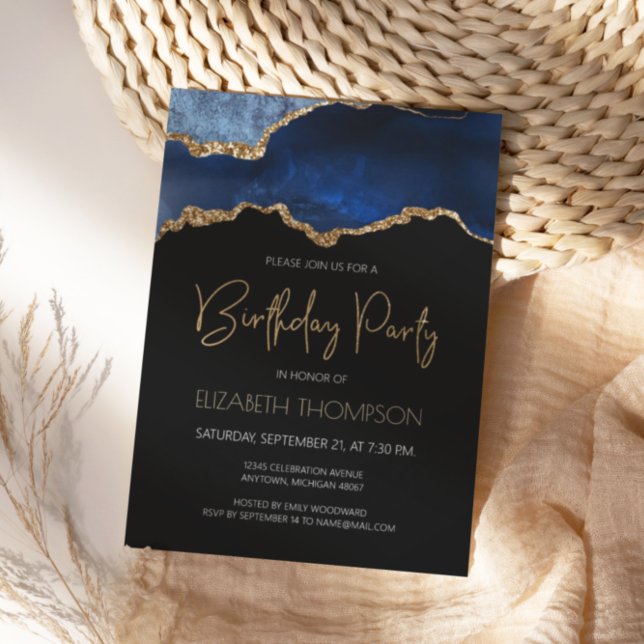 Navy Blue Gilded Agate Geode Any Year Birthday Invitation (Creator Uploaded)