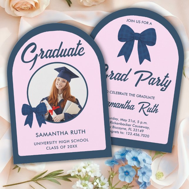 Navy Blue Gingham Bow Arch Photo Graduation Party Invitation (Creator Uploaded)