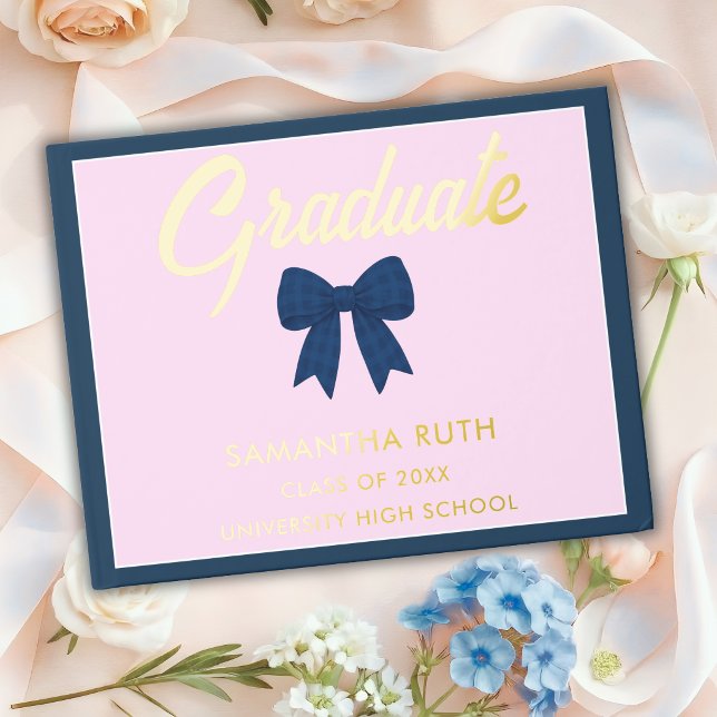 Navy Blue Gingham Bow Graduation Party Guest Book (Creator Uploaded)
