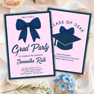 Navy Blue Gingham Bow Graduation Party Invitation