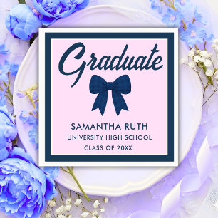Navy Blue Gingham Bow Graduation Party Napkin
