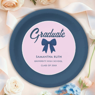 Navy Blue Gingham Bow Graduation Party Paper Plate