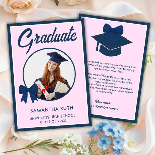 Navy Blue Gingham Bow Photo Graduation Announcement