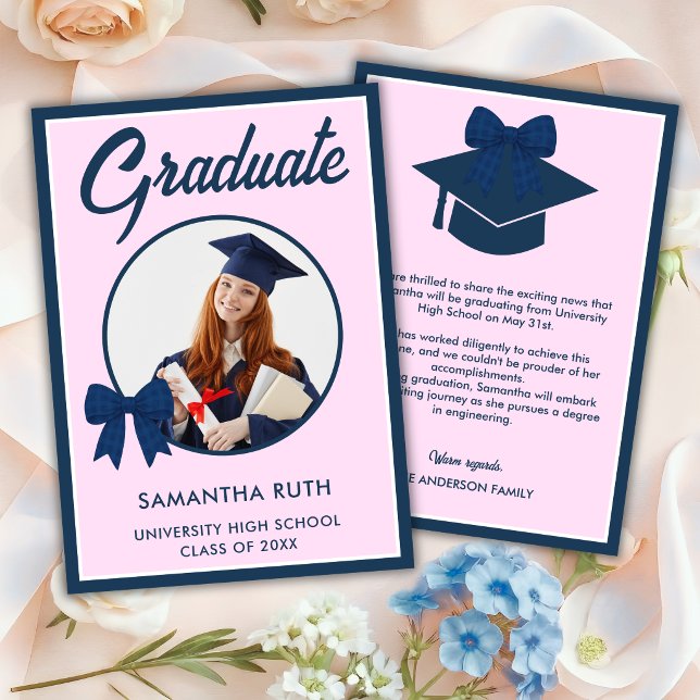Navy Blue Gingham Bow Photo Graduation Announcement (Creator Uploaded)
