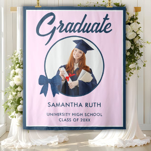Navy Blue Gingham Bow Photo Graduation Backdrop Tapestry