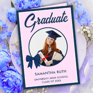 Navy Blue Gingham Bow Photo Graduation Card