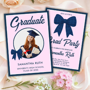 Navy Blue Gingham Bow Photo Graduation Party Invitation