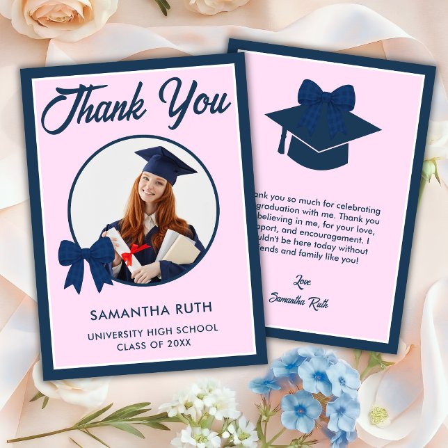 Navy Blue Gingham Bow Photo Graduation Thank You Card (Creator Uploaded)