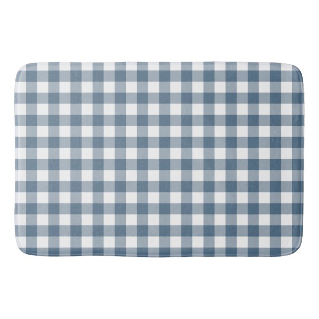 Navy Blue Gingham Buffalo Check Plaid Bath Mat (Front)