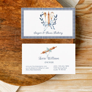 Navy Blue Gingham Coquette Bow Utensils Bakery Business Card
