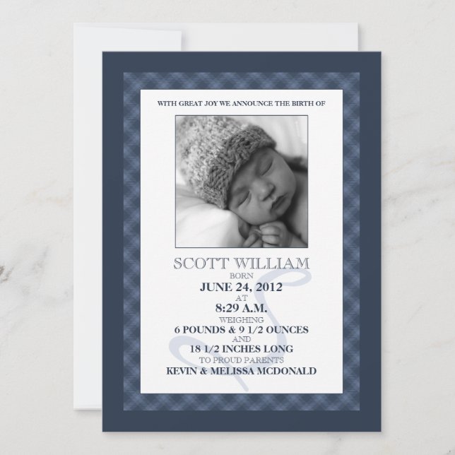 Navy Blue Gingham Dreams Photo Birth Announcements (Front)