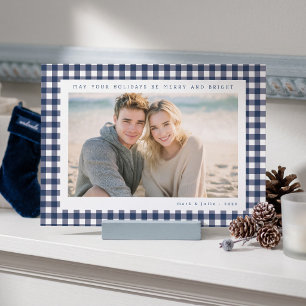 Navy Blue Gingham Frame Holiday Photo Card