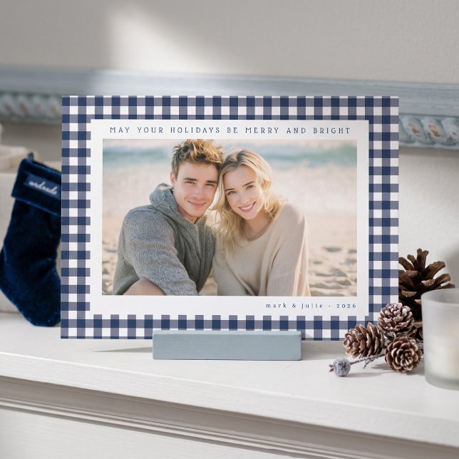 Navy Blue Gingham Frame Holiday Photo Card (Simulated card on mantel)