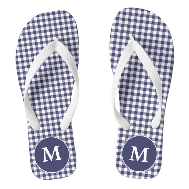 Navy Blue Gingham Monogrammed Flip-flops Jandals (Footbed)