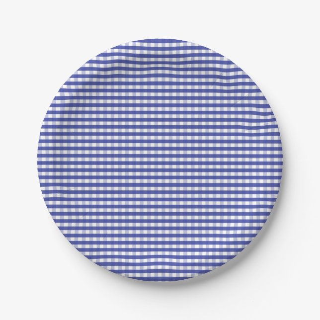 Navy Blue Gingham Pattern Paper Plate (Front)