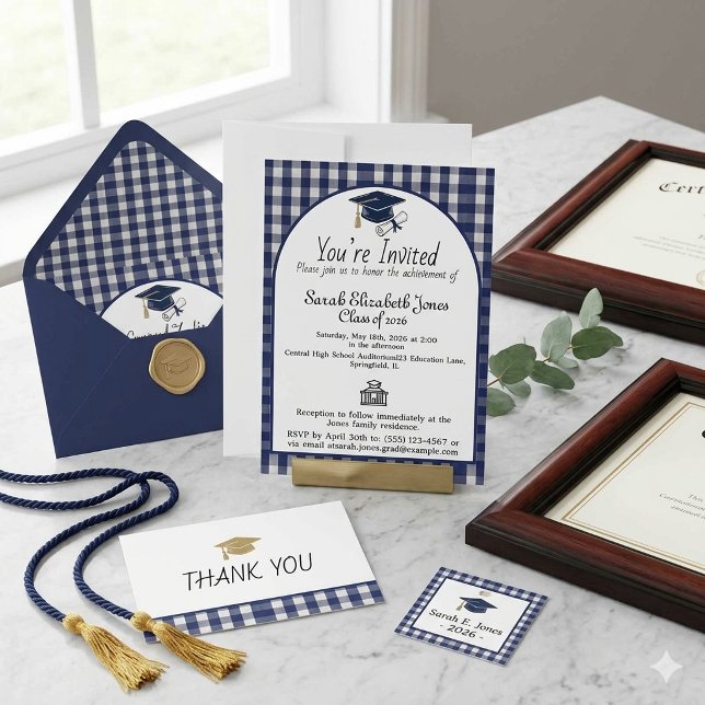 Navy Blue Gingham Plaid Arch Class of 2026  Invitation (Creator Uploaded)