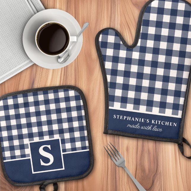 Navy Blue Gingham Plaid Chequered Monogrammed Oven Mitt & Pot Holder Set (Creator Uploaded)