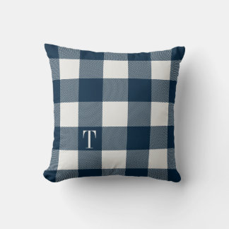 Navy Blue Gingham Plaid Monogrammed Cushion