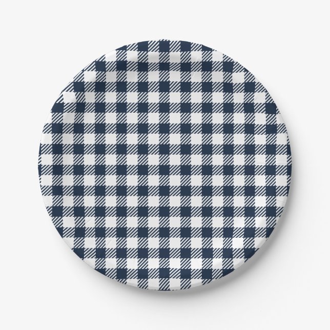 Navy Blue Gingham Plaid Paper Plate (Front)