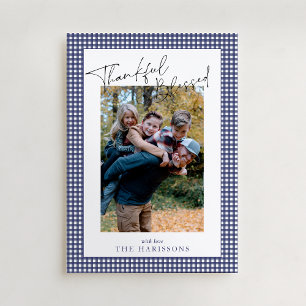 Navy Blue Gingham Thankful & Blessed Thanksgiving  Invitation