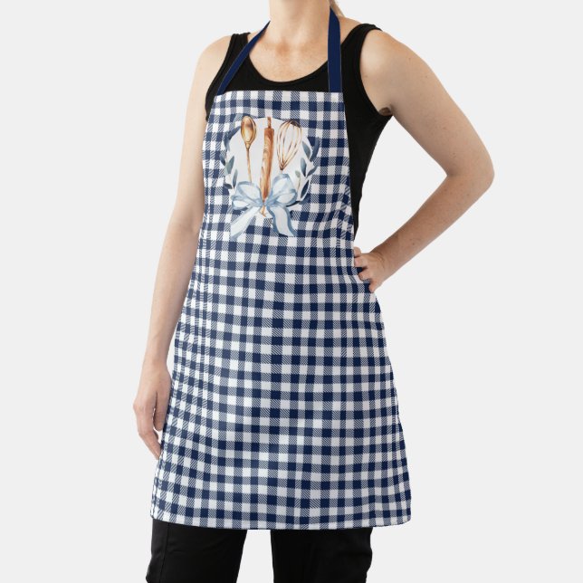 Navy Blue Gingham Utensils Cooking Bakery Apron (Insitu)