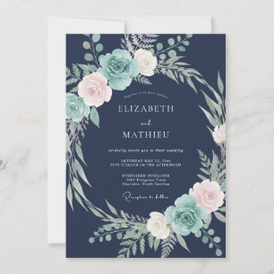 Navy Blue Glacial Floral Wedding Invitation